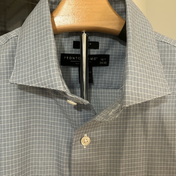 Pronto Uomo Non-Iron Slim Fit Blue Checkered Dress Shirt Size 16.5 34/35 - Picture 2 of 6